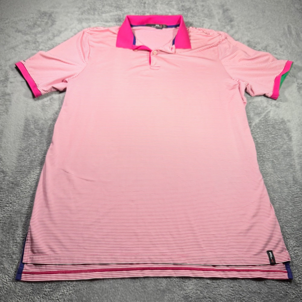 RLX‎ Ralph Lauren Mens Pink White Striped Performance Golf Polo Shirt Size L